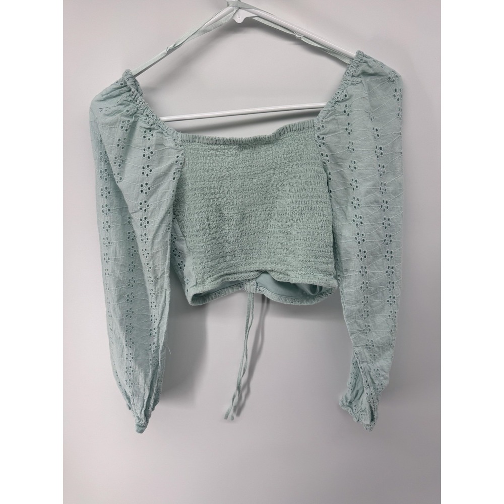 Japna Blouse Womens XS Green Eyelet Cropped Smocked Balloon Sleeve V Neck - Picture 5 of 5